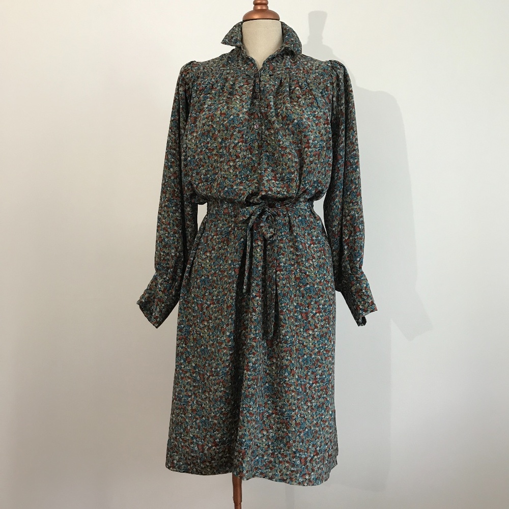 Vintage Teal Multicolor Floral Midi Dress